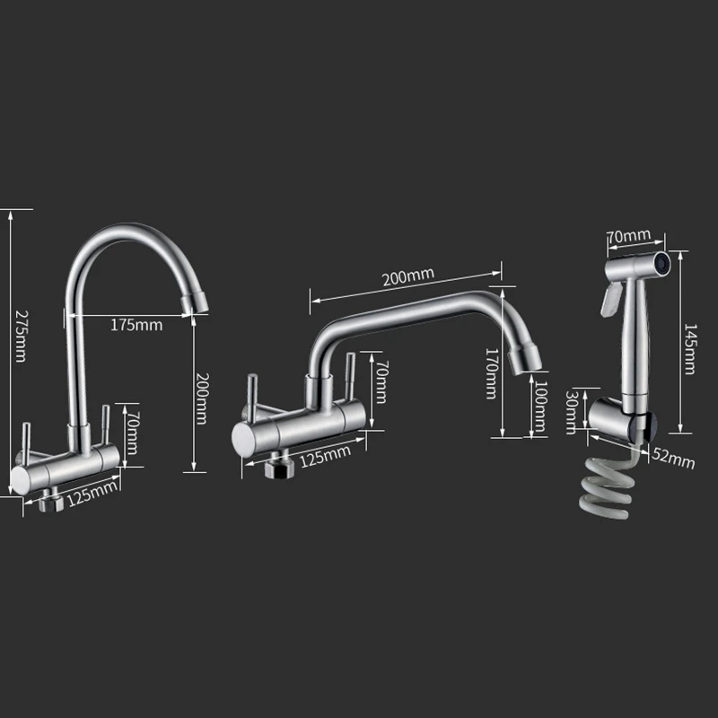 304 Stainless Steel Kitchen Faucet Wall Mounted Double Handle Single Cold Water Tap Sprayer Bidet Nozzle for Balcony
