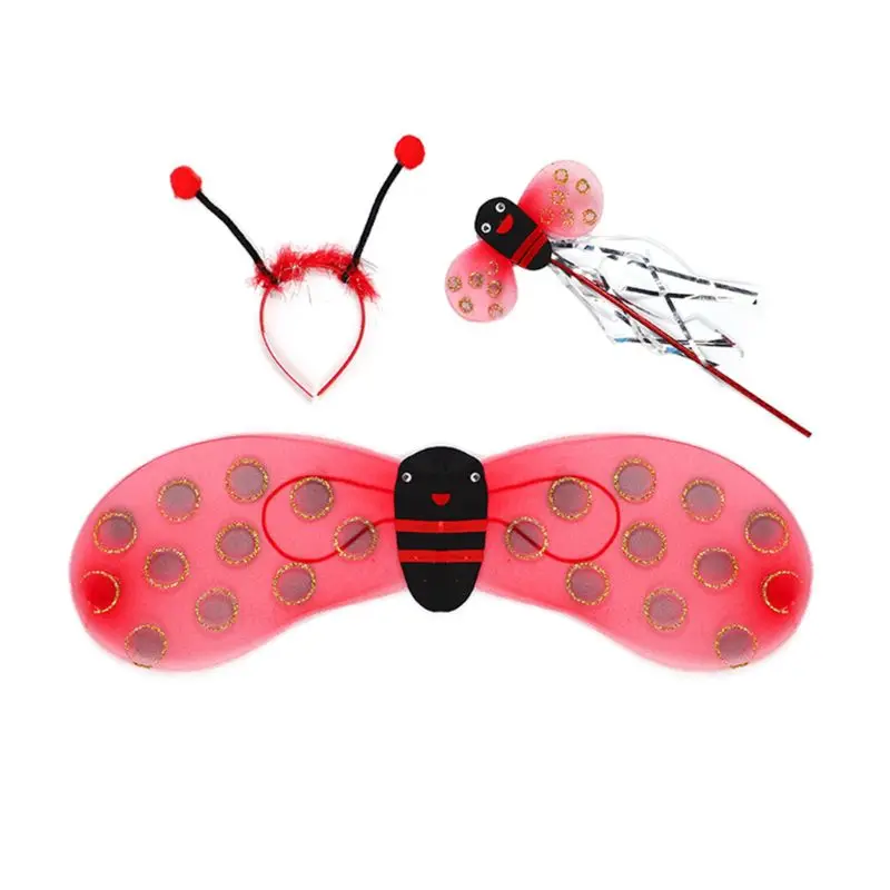 

4Pcs/Set Kid Fairy Costume Set Ladybird Bee Glitter Cute Wing Striped Layered Tutu Skirt Wand Headband Dress Up Halloween Outfit