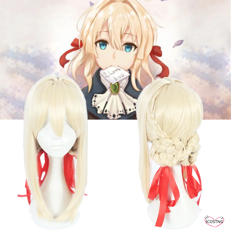 Anime Cosplay Wig Violet Evergarden Heat Resistant Synthetic Light Blonde Hair Wigs with Ribbon Cap |