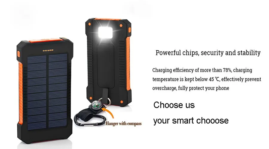 Солнечное зарядное устройство водонепроницаемый 10000 мАч Солнечное зарядное устройство 2 usb порта Внешнее зарядное устройство для Xiaomi note8 для i7 18650