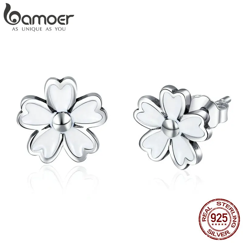 BAMOER Новая коллекция 925 пробы серебро белый с ромашками, эмалированное цветок серьги гвоздики для женщин серьги серебряные украшения SCE418