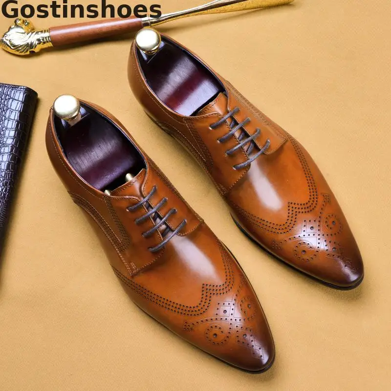 

British Style Men Shoes Black Brown Genuine Leather Brogue Oxfords Lace-up Pointed Toe Cut-out Wing Tip Breathable Dress Shoes