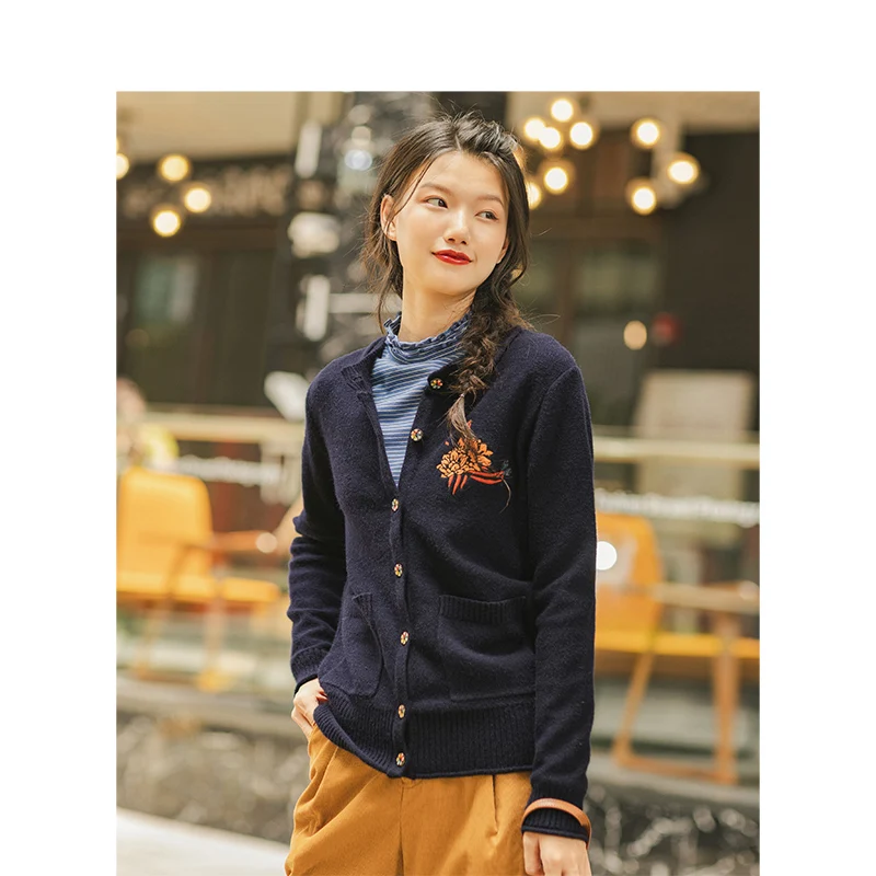 Billige INMAN 2019 Herbst Neue Ankunft Ribbing Oansatz Stickerei Literarischen Alle Abgestimmt Tiefe Blau Retro Frauen Strickjacke