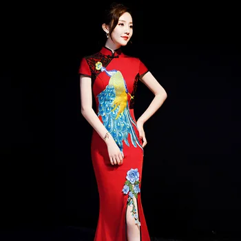 

Women Red Appliques Flower Qipao Noble Satin Sexy High Split Cheongsam Oriental Evening Party Gown Classic Long Slim Maxi Dress
