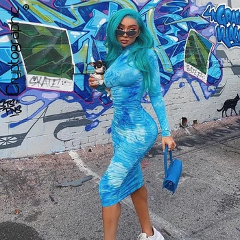 

Cryptographic Casual Fashion Print Women's Midi Dresses Zipper Outfits Clubwear Skinny Long Sleeve Bodycon Dress Streetwear
