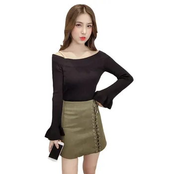 

Autumn New Slim Solid Color New Fashion Flare Sleeve Sweater Comfortable Beautiful Shoulder Long-sleeved Womens Sweaters 2020