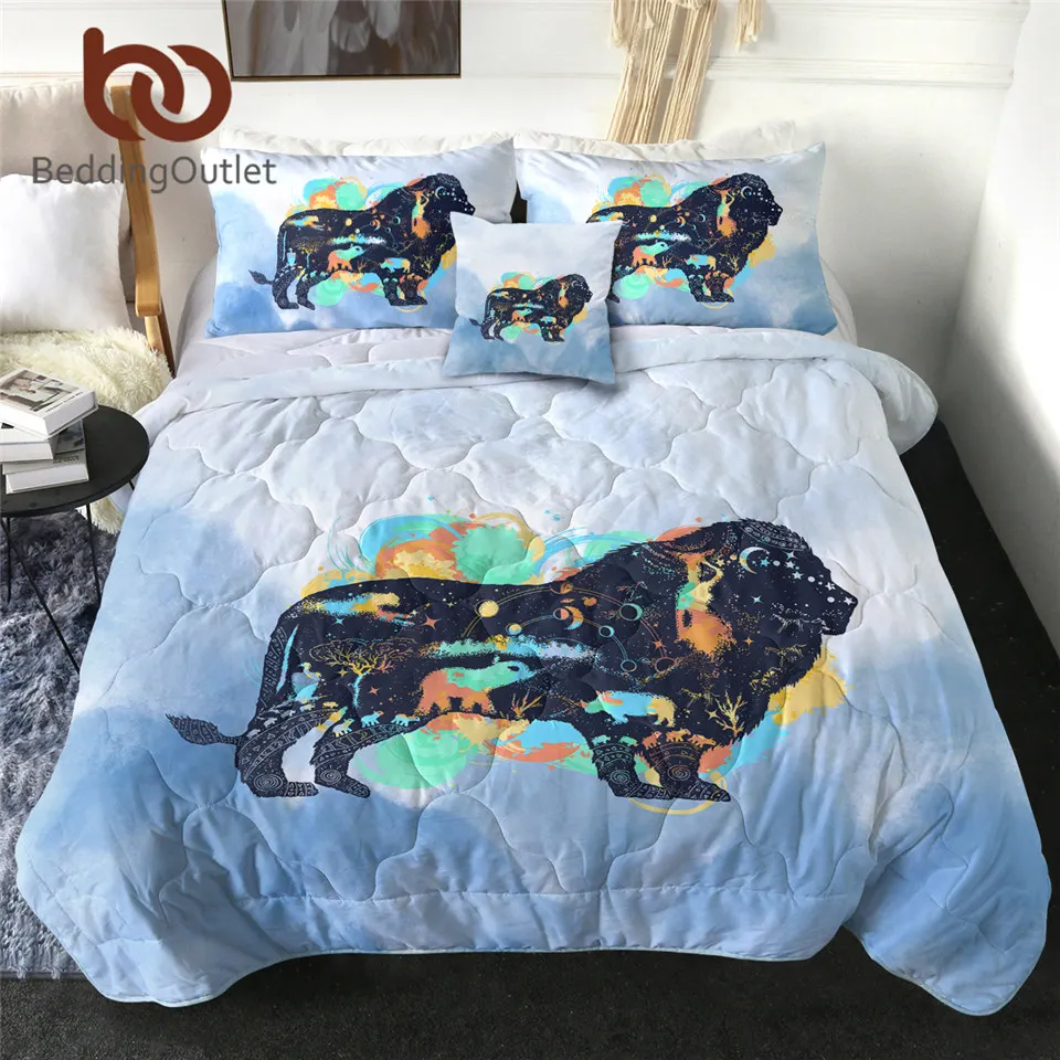 

BeddingOutlet Lion Thin Quilt Wild Animal Summer Blanket Blue Watercolor Bedspreads Sun Moon Comforter Starry Colcha De Cama