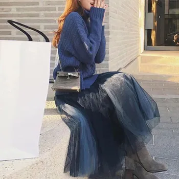 

Spring Two Piece Sets Turtleneck Knitted Sweater Tops and Mesh Midi Skirts Korean Sweet Women Sets for Autumn Winter 2PCS Blue