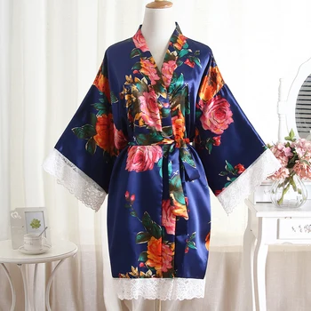 

Print Flower Women Bath Robe Gown Kimono Robe Sexy Casual Nightwear Wedding Robe With Waistband Sleepwear Wedding Robe
