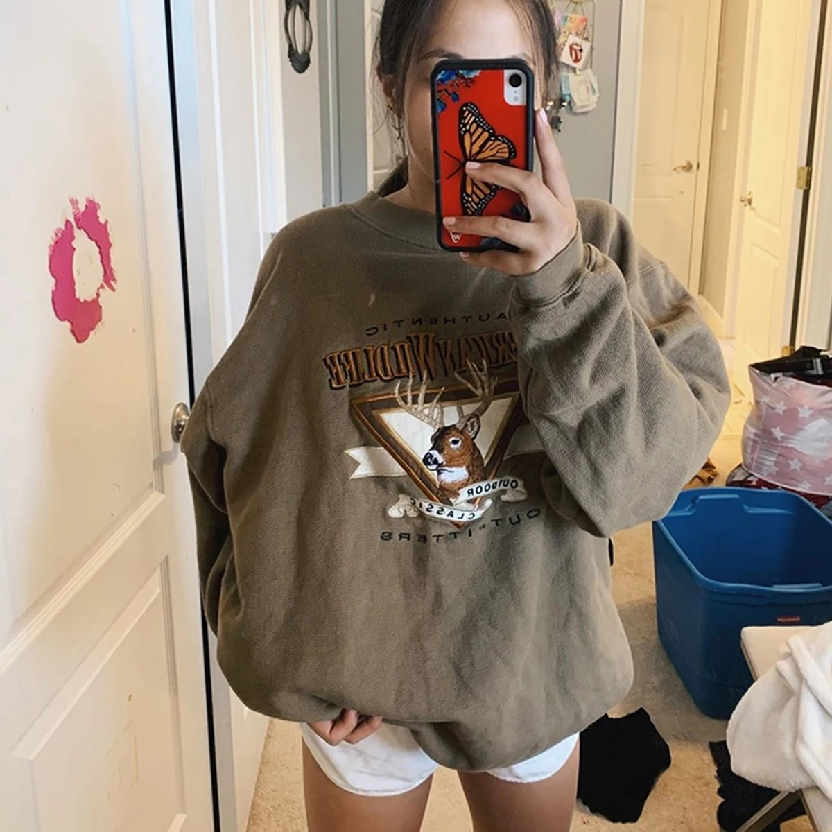 Vintage Deer Embroidery Oversize Sweatshirt 2020