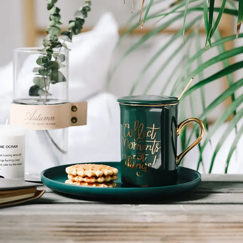 Керамическая кружка с крышкой "Collect moments not things", ложка из нержавеющей стали, чайная кофейная чашка
