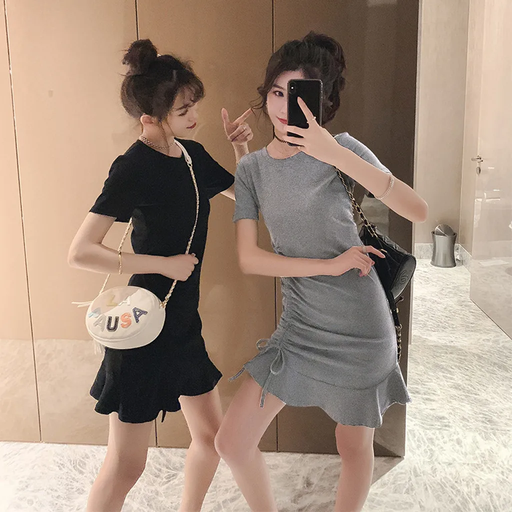 Jaycosin Fashion Summer Casual O-Neck Short Sleeve Elegant Women Summer Long Dress Ladies Slim Thin Solid Ruffles Knee Dress 319
