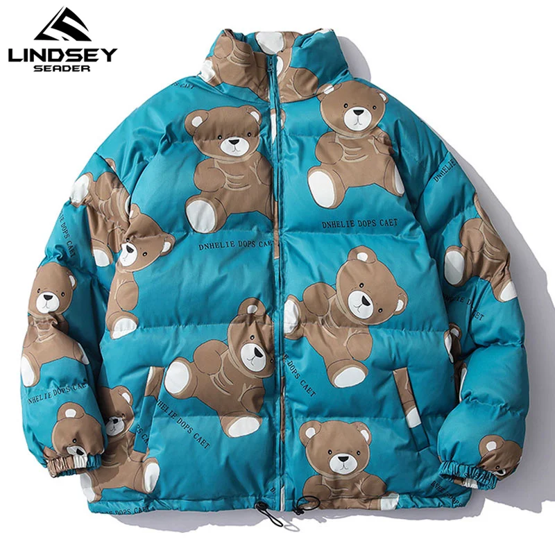 

LINDSEY SEADER Men's Winter Warm Jacket Coat Cartoon Bears Printed Heated Padded Puffer Jacket Oversize Male Parka Men Clothing