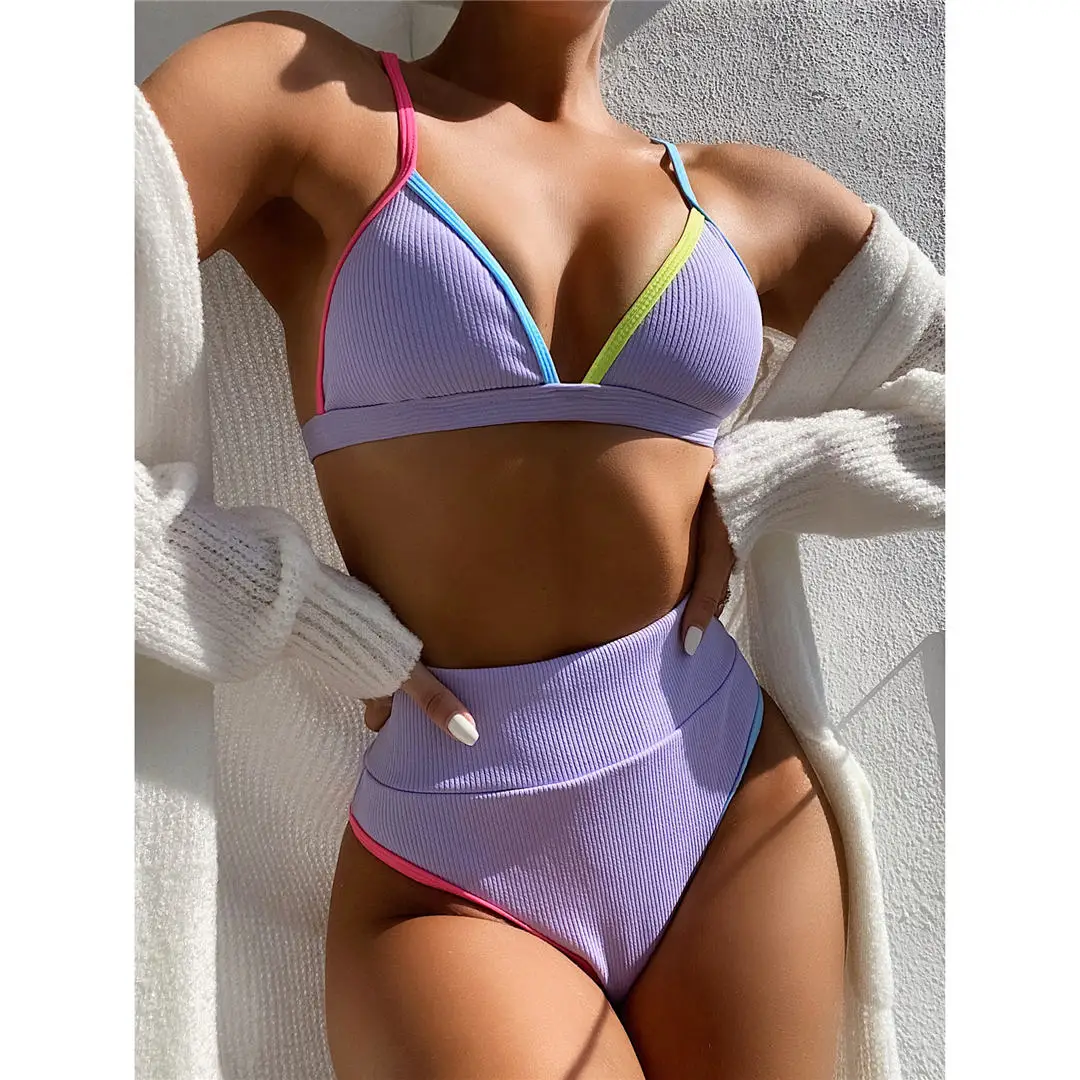 4 Colors Ribbed High Waist Bikini Female Swimsuit Women Swimwear Two-pieces Bikini set Print Bather Bathing Suit Swim Lady V2443