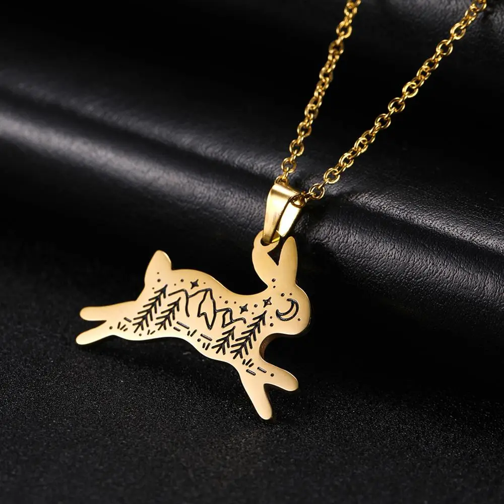 rabbit gold Myshape 316L золото серебро Нержавеющая сталь лес дверь пейзаж Кролик Птица медведь Орел лиса волк ожерелье для женщин мужчин ювелирные изделия - Окраска металла: rabbit gold