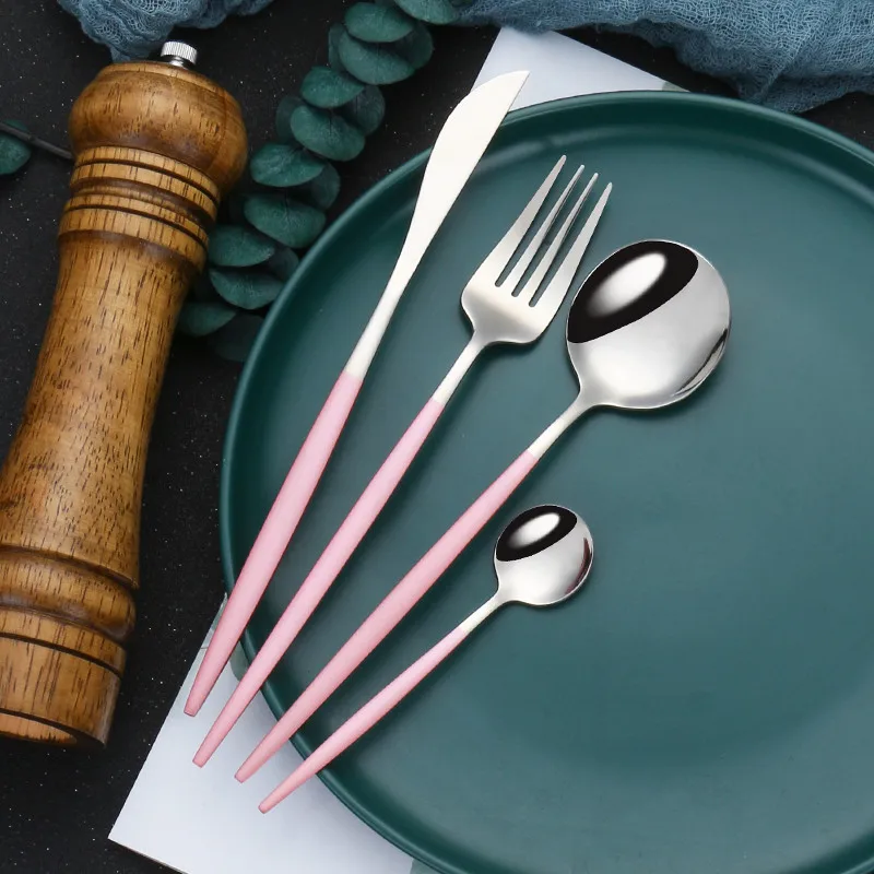 

Golden Tableware Stainless Steel Cutlery Complete Forks Knives Spoons Dinnerware Set 4pcs/Set Stainless Steel Cutlery Set Pink