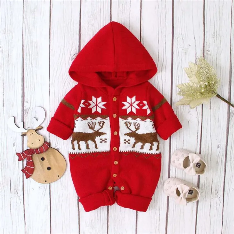 Рождественская одежда для малышей вязаный детский комбинезон с оленем Рождественский Комбинезон для маленьких девочек детский комбинезон с капюшоном комбинезон для маленьких мальчиков