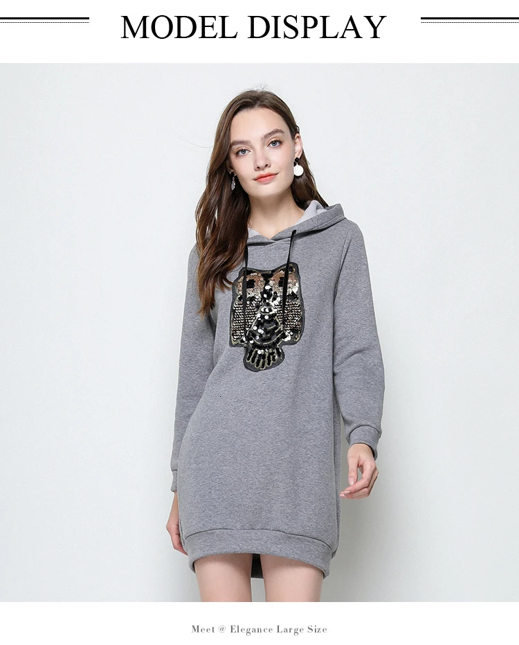 Осенне-зимнее плотное женское мини-платье больших размеров 5xl 4XL 3XL-l серое повседневное офисное платье с капюшоном и длинным рукавом с аппликацией vestidos robe