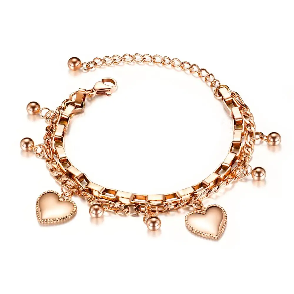 rose gold GAGAFEEL 3 цвета Любовь Сердце Браслеты с подвесками для женщин модные ювелирные изделия подарки нержавеющая сталь круглые бусины браслеты - Окраска металла: rose gold