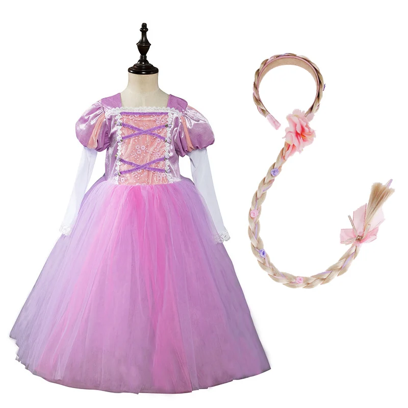 Dress and W02 Платье принцессы Рапунцель для девочек; Детский костюм с длинными рукавами на лето и осень с париком; детское платье на День рождения; вечерние платья для костюмированной вечеринки - Цвет: Dress and W02
