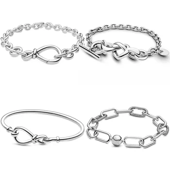 

Me Link Pattern Chunky Infinity Knotted Heart-embellished T-clasp 925 Sterling Silver Bracelet Fit Pandora Bangle Bead Charm