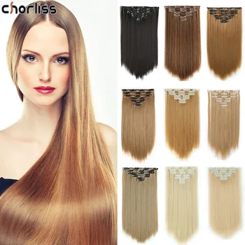 

Chorliss 22inch 7pcs/set Natural Straight Hair Synthetic Hair Pieces Clips in Synthetic Clip in Hair Extensions Black Blonde