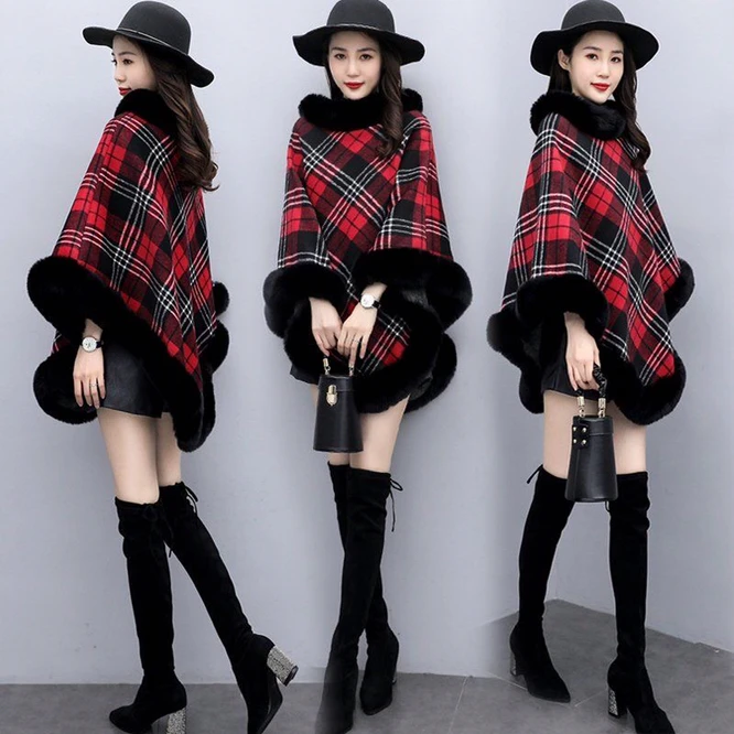 2021 New Fashion Plush Cloak Women's Shawl Autumn Winter Imitation Fur Leopard Print Thickened Warm Girl's Cloak Coat Red