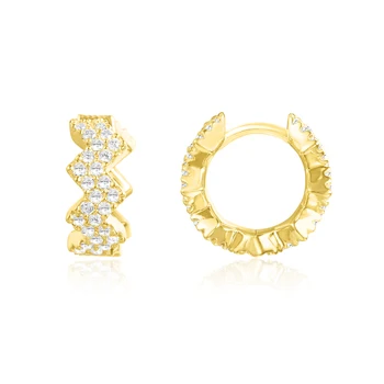

925 Sterling Silver Hoop Earrings with Gold and Yellow Color Zigzag Waves, Cubic Zirconia Pave, Fine Jewelry for Women