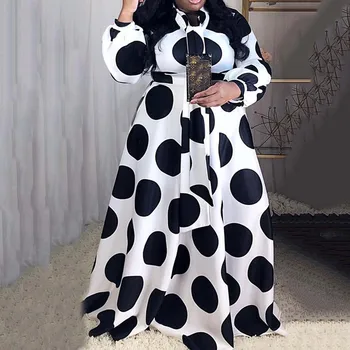 

Plus Size Dot Print Contrast Color Porm Long Dress Elegant High Waist Lantern Sleeve African Robe De Soiree Evening Party Dress