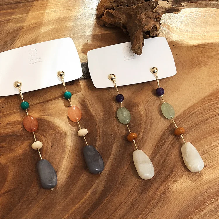 AOMU S925 Sterling Silver Pin New Resin Acrylic Colorful Long Shell Stone Wood Dangle Drop Earrings for Women Girl Jewelry Gift