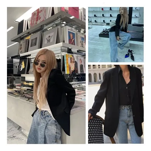 Kpop, черная розовая роза, новинка, Женская деловая куртка в британском стиле, осенняя, офисная, для девушек, Свободное пальто, верхняя одежда, женские топы с длинным рукавом