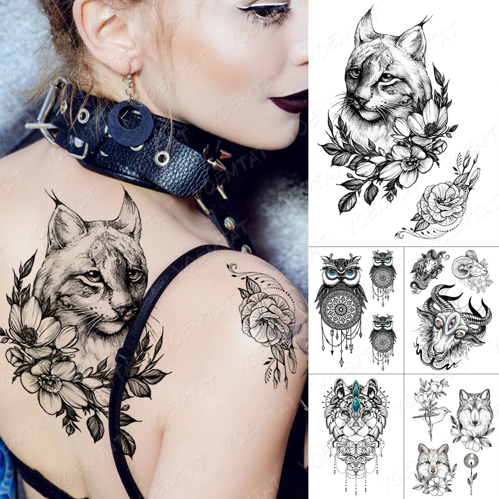 Tatouage Temporaire Impermeable Autocollant Fleurs Chat Lynx Flash Hibou Catan Chevre Bras D Art Corporel Faux Tatouage Pour Femmes Et Hommes Aliexpress
