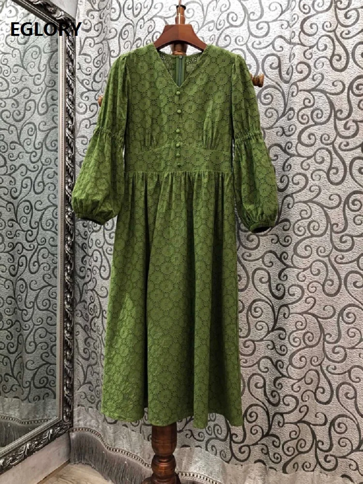 

Top Quality New 2020 Autumn Dress Women V-Neck Allover Hollow Out Embroidery Puff Sleeve Mid-Calf Length Casual Cotton Dress