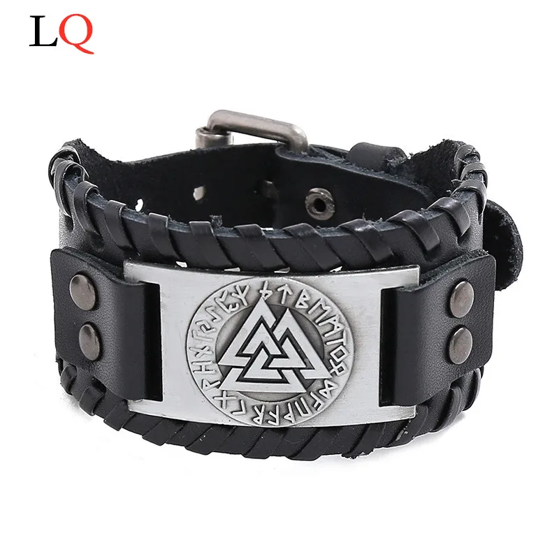 

Charm Wide Leather Bracelet Men Punk Braided Rope Alloy Cuff Bangle Male Wristband Viking Bracelet Mens Jewelry charms bangles