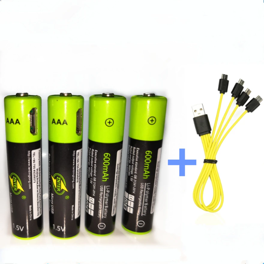 Перезаряжаемая батарея ZNTER AAA 1 5 в 600 мАч литиевая с USB-зарядкой и кабелем Micro USB |