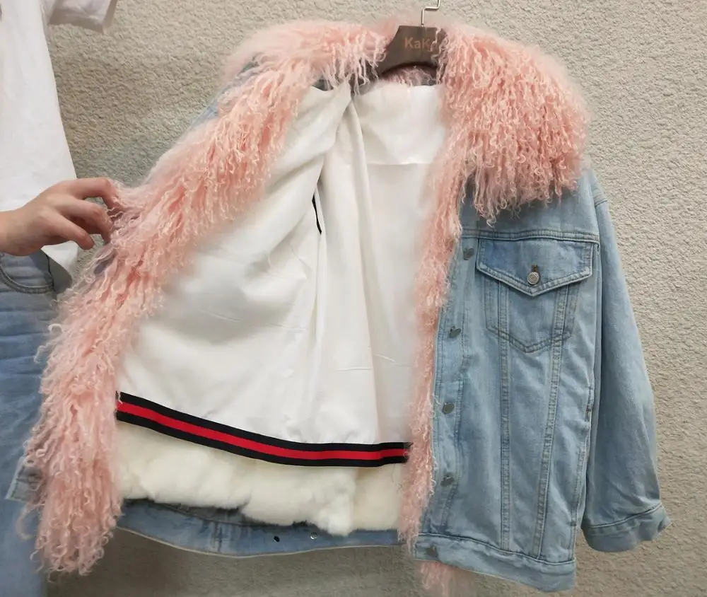 Abrigos mujer invierno2019 пальто с натуральным мехом женская зимняя джинсовая куртка с рисунком из мультфильма верхняя одежда с воротником из натуральной овечьей шерсти Толстая теплая