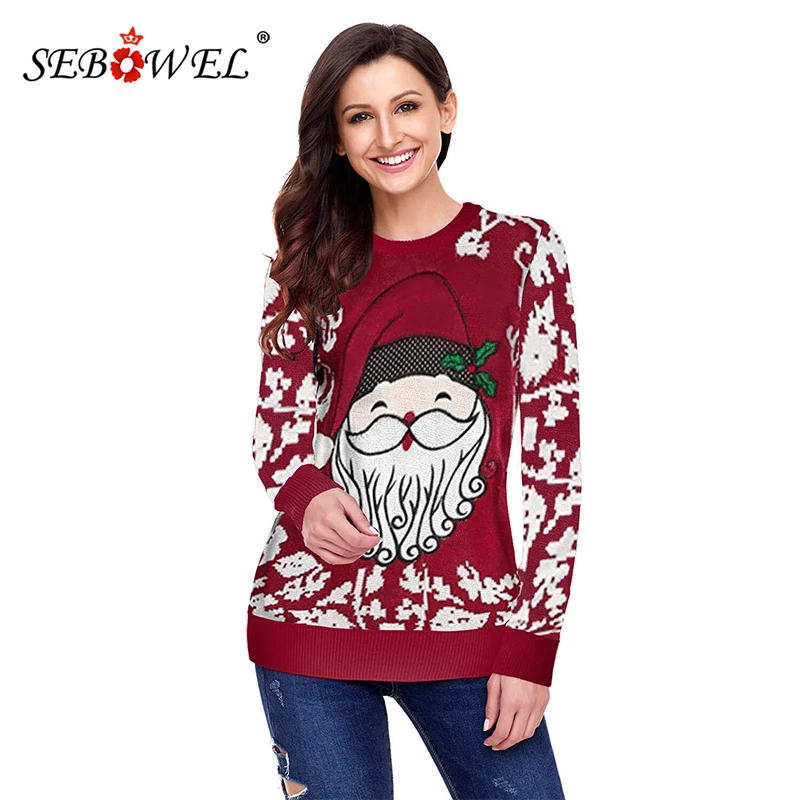 SEBOWEL Plus Size Women Christmas Sweater Red Reindeer Santa Clause Cartoon Print Ugly Sweaters O-Neck Long Sleeve Cardigans XXL | Женская