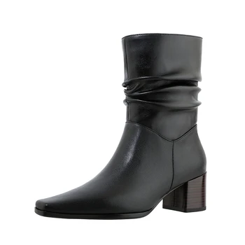 

Genuine leather pleated High Heels mid-calf Boots Women Boots Square Toe Shoes Woman 2020 New Arrival Wedding Dancing shoes