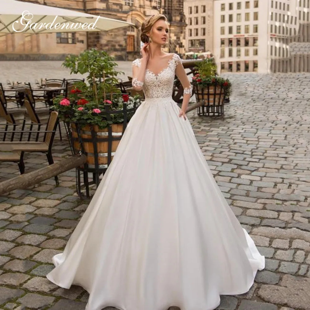 lace bodice satin skirt wedding dress