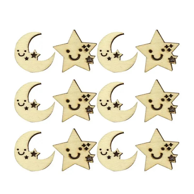 50Pcs Handmade Star Shaped Moon Shaped Wood Piece Wooden Star for Cloth Ornamentation Craft Decor