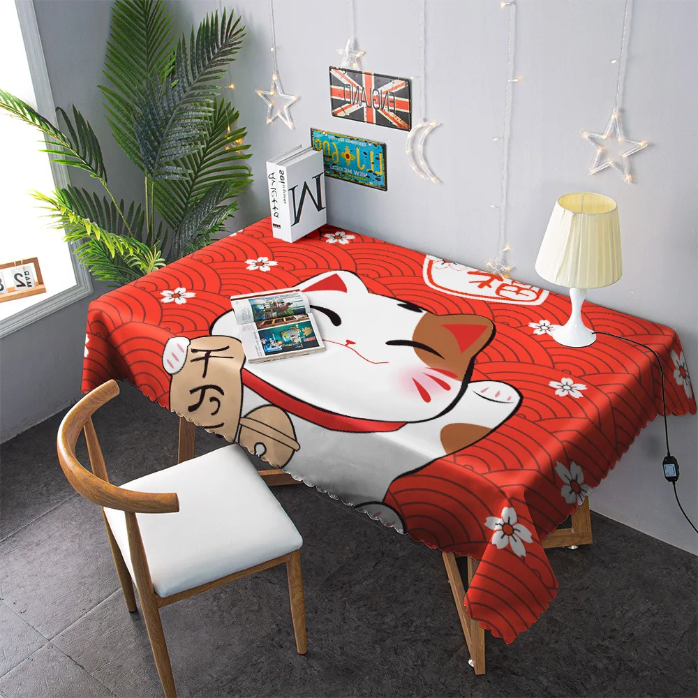 С изображением из мультфильма Lucky Cat прямоугольная скатерть для кухни кофейный
