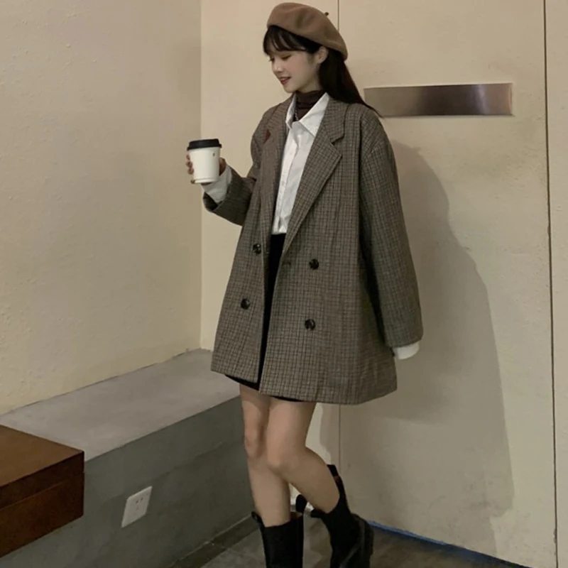 

New Winter Women's Plaid Suit Office Ladies Long Coat Retro Double-breasted Jacket Simple Elegant Female Woolen Blazer Wholesale