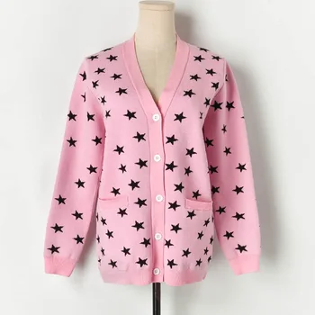 

New Cardigans Women Cartoon Jacquard Stars Eye Sweaters Female V-neck Designer Outerwear Clothing Pink Sweet Girl's Coats Tops