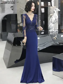 

Erosebridal Long Evening Dress Prom Long Sleeve Evening Gown Party Blue Sexy Illusion Body Beaded Free Customize