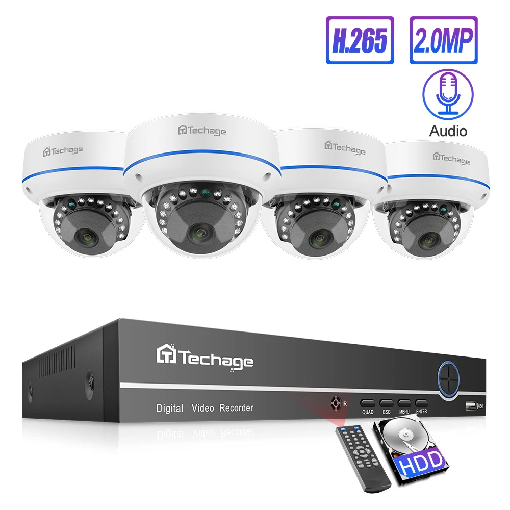 Techage 4CH 1080P Home Security 2TB HDD NVR 4pcs POE CCTV Camera System 2MP Audio Sound Outdoor IR