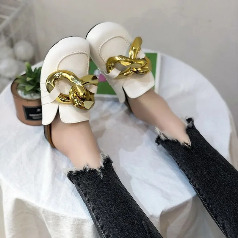 Women Slipper Women's Sandals New Design Gold Chain Closed Toe Slip On  Mules Shoes Flat Heel Square Head Casual Slides Flip Flop - Women's Slippers  - AliExpress