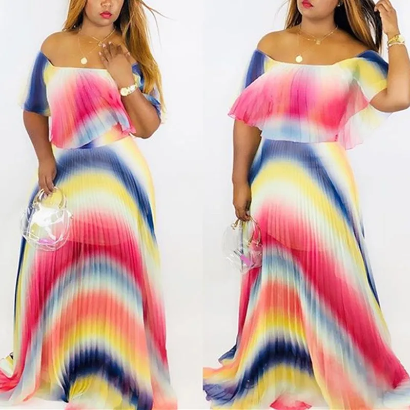 Mooie Vrouwen Rainbow Slash Hals Geplooide Jurk Elegante Off Shoulder Maxi Jurk Strand Losse Boho Jurk