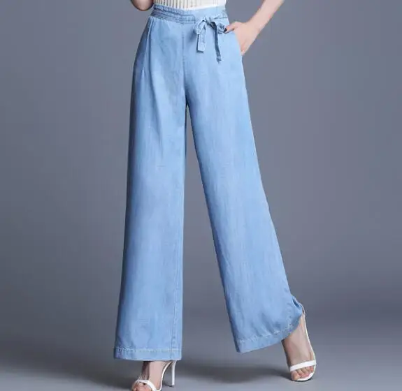 Новые модные летние джинсы из тенсельной ткани demale широкие брюки для женщин плюс размер эластичный пояс капри Высокая талия синие брюки wmq0908