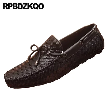 

chic italian genuine leather runway loafers european high quality new men casual slip-ons shoes black woven brand Italy luxury