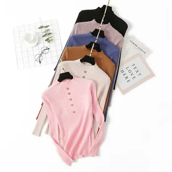 

2019 New Korean Button Knitted Pullover Female Winter Sweater Solid Slim Basic Long Sleeve Women's Turtleneck Jumper Pull Femme